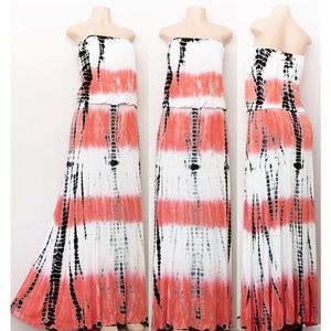 Tie Dye Soft Jersey Knit Boho Strapless Maxi Dress